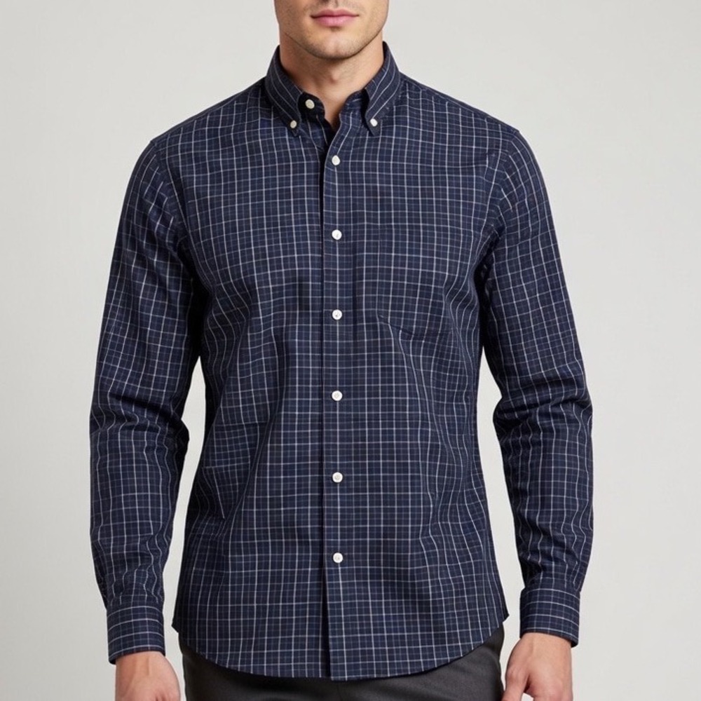 Duluth Trading Co Mens Large Navy Blue Grid Plaid Cotton Button Down Shirt L